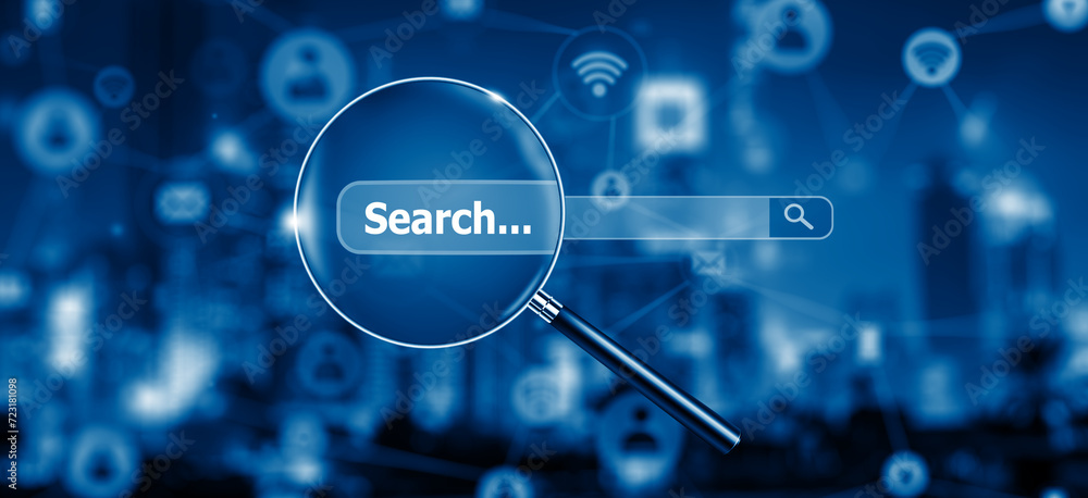 Magnifying glass on Network and Social Media for Search engine optimization and web analytics. Searching Browsing internet Data Information Networking Concept. 3D illustration.