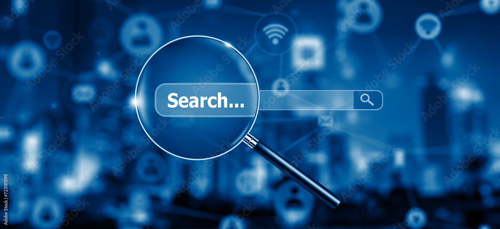 Magnifying glass on Network and Social Media for Search engine optimization and web analytics. Searching Browsing internet Data Information Networking Concept. 3D illustration. Magnifying glass on Network and Social Media for Search engine optimization and web analytics. Searching Browsing internet Data Information Networking Concept. 3D illustration.