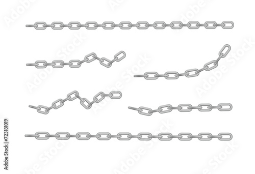 Free metal chain with whole or break steel chrome links. Collection of seamless metal chains colored silver. Vector