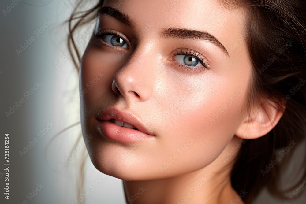 Portrait of a young woman with perfectly smooth skin on a gray background. Facebook building. Concept of cosmetology, skin care, plastic surgery. Portrait of a young woman with perfectly smooth skin on a gray background. Facebook building. Concept of cosmetology, skin care, plastic surgery.