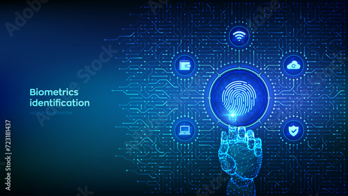 Fingerprint scanning. Biometrics identification. Personal Data protection. Cyber Security. Background with circuit board connections and tech icons. Wireframe hand pressing button. Vector Illustration