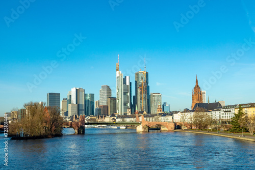 scenic skyline of Frankfurt am Main with reflection in the river  Germany