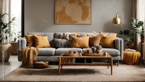 The stylish boho compostion at living room interior with design gray sofa, wooden coffee table, commode and elegant personal  photo