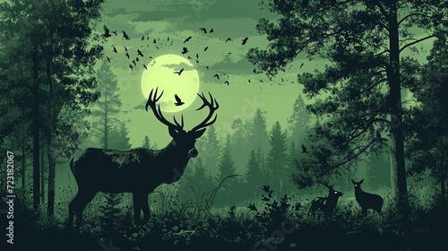 A serene night in the forest with silhouetted deer under a full moon, evoking calm and mystery.