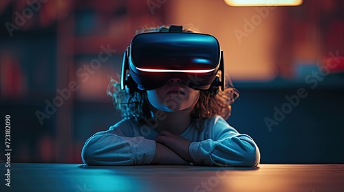 Young child immersed in a virtual reality world, wearing a VR headset, illuminated by the glow of futuristic technology. © Rattanathip