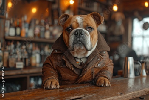 A stylish bulldog cozily sits indoors, donning a wooden shelf jacket to keep warm and showcase its unique personality © Larisa AI