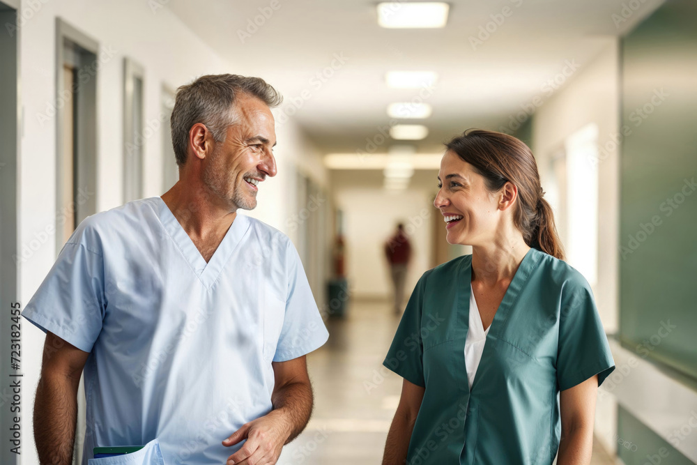 Obraz premium Friendly conversation between healthcare professionals. Generative AI image