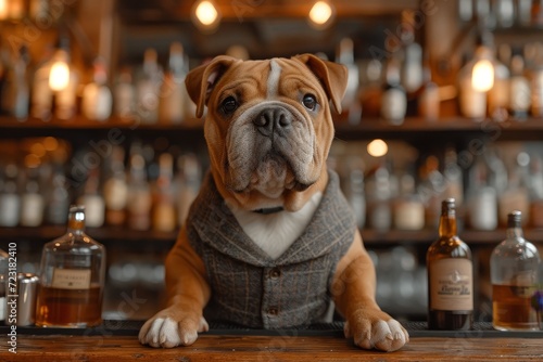 A sophisticated bulldog enjoys a drink at the bar, his vest adding a touch of elegance to the cozy wooden setting © Larisa AI