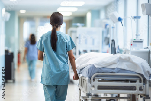 Nurse transporting gurney in hospital hallway. Generative AI image photo