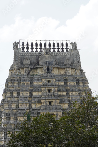 Hindu temple tower against blue sky background. Tower of Ekambaranathar Temple, Kanchipuram.