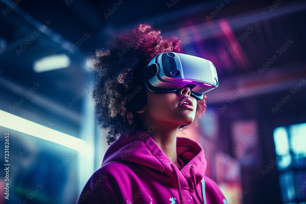 Generative AI image of Woman Engrossed in Virtual Reality Experience Generative AI image of Woman Engrossed in Virtual Reality Experience