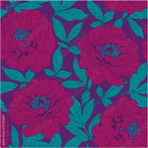 Colorful peonies. Seamless pattern of peony flowers in colorful style. Vector illustration