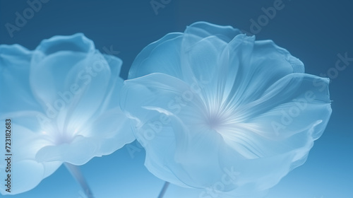 Ethereal blue plastic flowers on a tranquil backdrop. Generative AI image