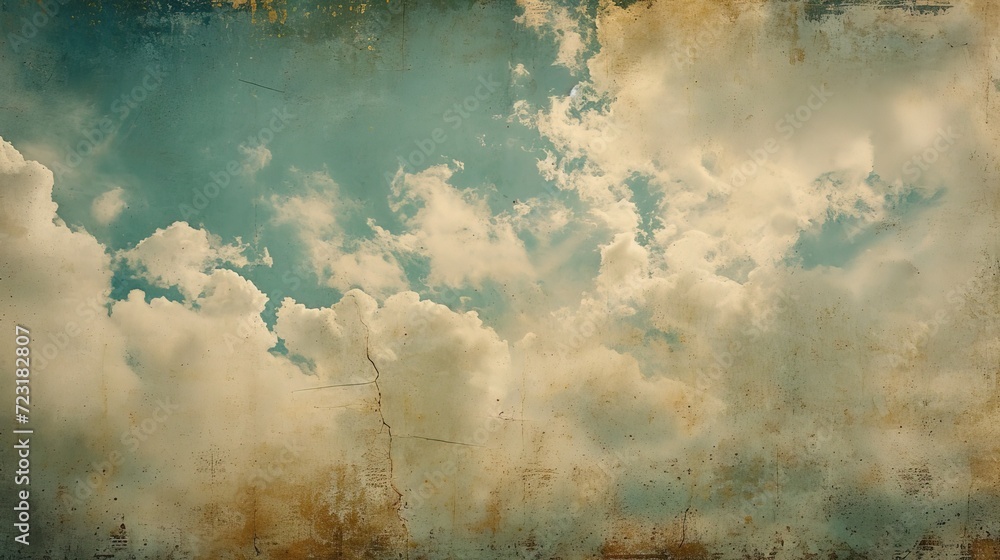This image features a vintage-inspired textured sky, where cumulus clouds dance against a backdrop of aged turquoise and cream, creating a timeless and dreamy atmosphere.