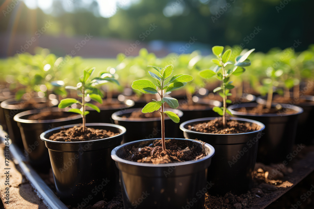 Generative AI image of seedlings growing in pots Generative AI image of seedlings growing in pots
