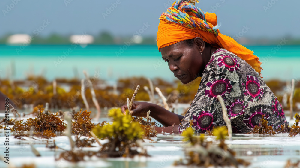 Women harvest the seaweed for soap, cosmetics and medicin on a sea plantation in traditional dress, island Zanzibar, Tanzania, East Africa - obrazy, fototapety, plakaty 