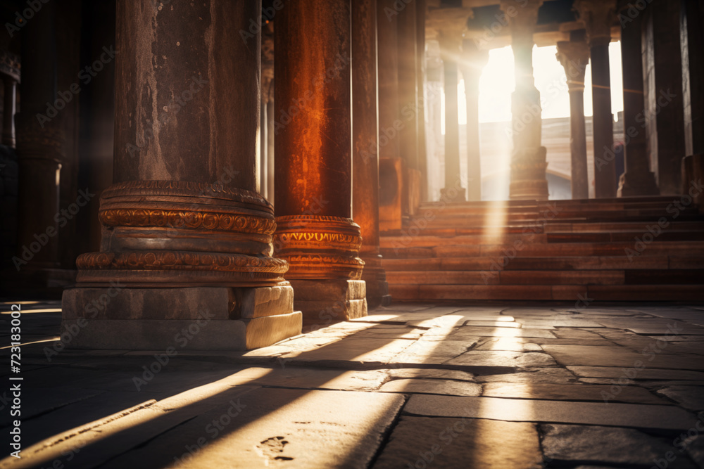 AI Generated Image of Ancient Christian temple interior with sunset sunbeam