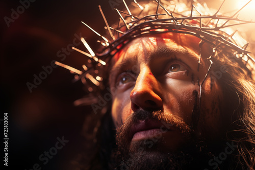 AI Generated Image of closeup of head of Jesus Christ looking up and wearing crown of thorns with blood on face photo