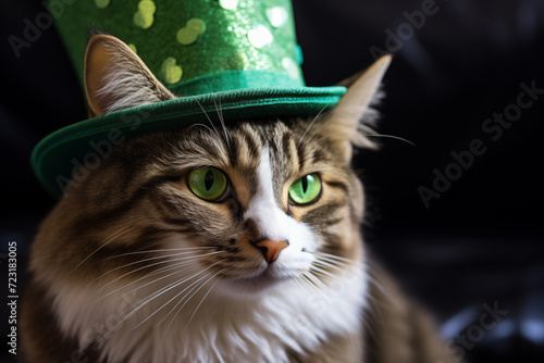 AI Generated Image. Close-up of cute cat wearing green hat for St Patrick's Day against dark background
