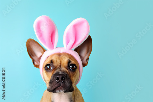 Dog wearing pink Easter bunny ears in fornt of blue studio background