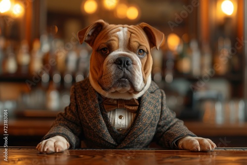 A dignified bulldog, wearing a sophisticated suit and sitting on a wooden chair indoors, gazes confidently with its brown snout at its human companion