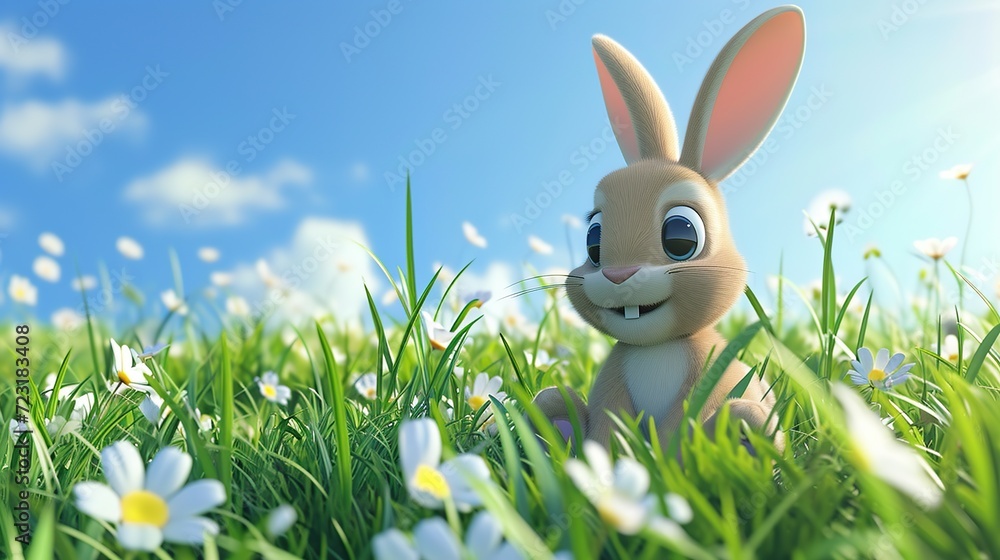 3d cartoon a happy bunny sitting in a field of flowers. Copy space for text. 3d cartoon a happy bunny sitting in a field of flowers. Copy space for text.