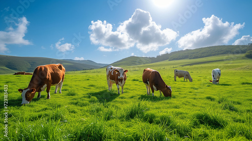 Cows herd on a grass field during the summer at sunset. A cow is looking at the camera sun rays are piercing behind her horns. Black and white cows in a grassy field on a bright and sunny day.  © Sweetrose official 