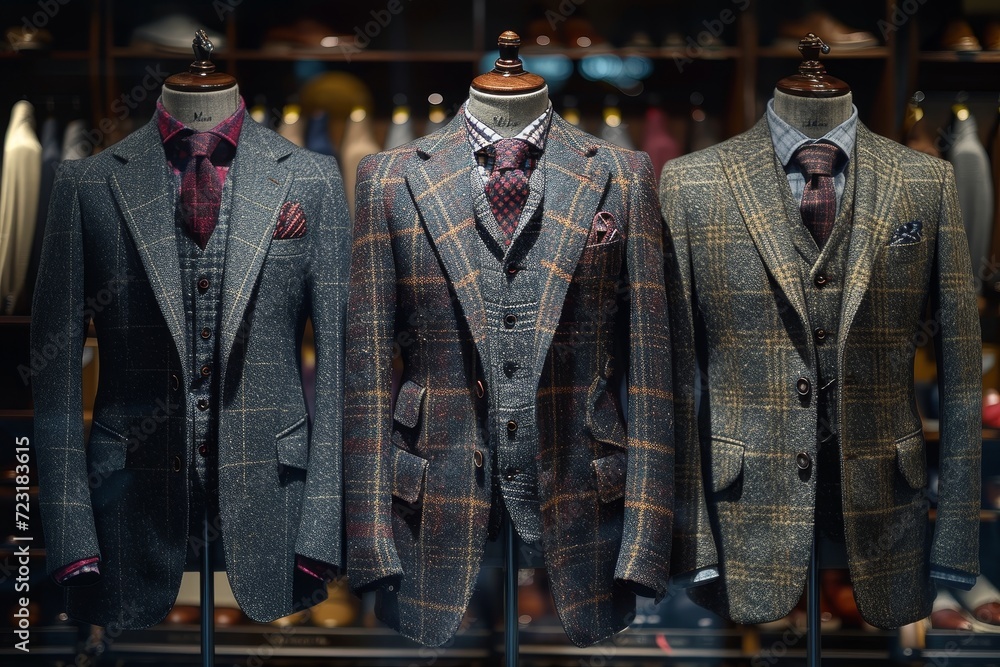 A striking display of high-end fashion design, as a group of tailored suits on mannequins stand proudly in the display window of a boutique store, each wearing a stylish coat and exuding a sense of s A striking display of high-end fashion design, as a group of tailored suits on mannequins stand proudly in the display window of a boutique store, each wearing a stylish coat and exuding a sense of s