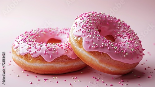 Close-up two pink donuts isolated on a pink background