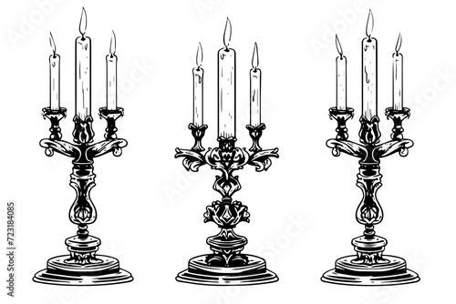 Black candlestick engraved in retro style on white background. Hand drawn doodle sketch style. Vintage vector illustration.