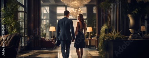 Young couple in formal clothes walking on luxury lounge hotel at evening. AI generated image