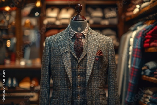 A sharp-dressed mannequin stands tall, showcasing the latest fashion design in a tailored suit and coat with a crisp shirt collar, perfectly displayed on a shelf with a clothes hanger, evoking a sens