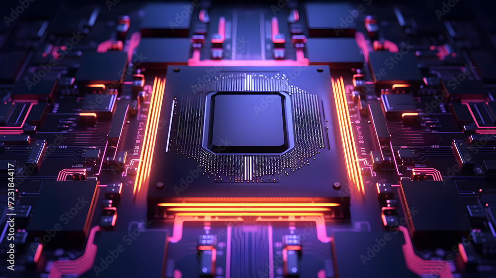 Cpu circuit motherboard technology computer background,,
3D rendering of artificial intelligence hardware concept. Glowing blue brain circuit on microchip on computer motherboard
