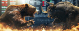Bull and bear fighting, concept of stock market exchange or financial technology, Generative AI