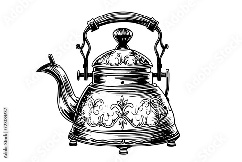 Retro kettle hand drawn ink sketch. Engraved style vector illustration. photo
