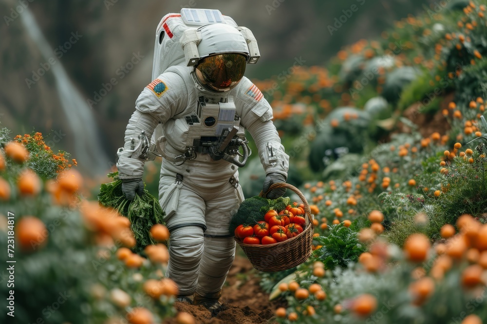 A solitary figure in a pressurized suit tends to a small garden, their helmet reflecting the vibrant colors of the blooming flowers in the outdoor expanse