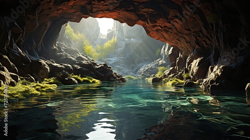 Underground Beautiful panoramic view of the river in the cave Cave photo