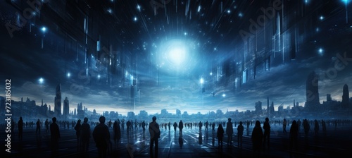 Illustration futuristic exhibition hall or business convention with many people. AI generated image