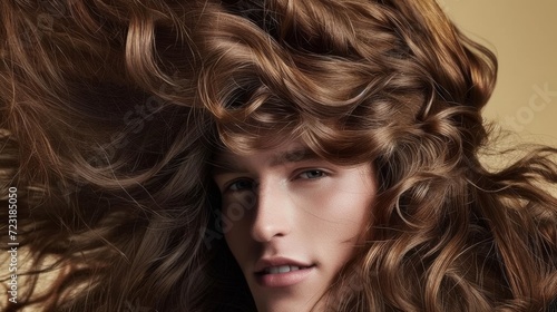 A man with long hair flying in the wind in fashion editorial style. Men's modern hairstyle