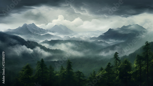 Misty mountain landscape Moody forest landscape with fog and mist,, green season scenery grass aeria