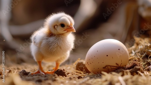 chicken in a nest, Step into a scene where the charm of new life unfolds--a small chicken beside a pristine egg, bathed in perfect lighting