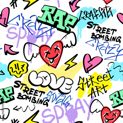 Seamless pattern street graffiti lettering elements in the grunge style with tags, drips and blobs. Urban savage spray paint art. Set creative vector design teenage graffiti cartoon for tee t shirt