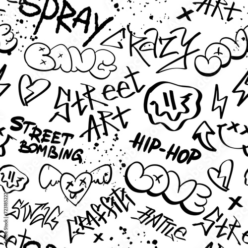 Seamless pattern street black graffiti lettering elements in the grunge style with tags a white background. Urban savage spray paint art. Set creative vector design teenage for tee t shirt