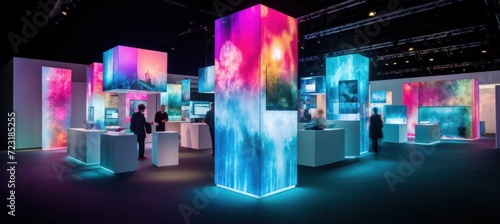 Futuristic abstract of business convention, demonstration booth product in neon color. AI generated photo