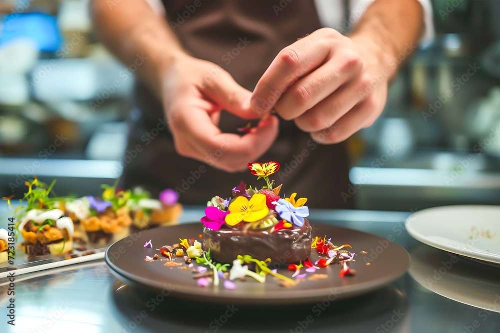 Chef decorating chocolate dessert with edible flowers, demonstrating culinary skills and passion for haute cuisine. Concept of sophistication, gastronomic experience and creating exquisite dishes