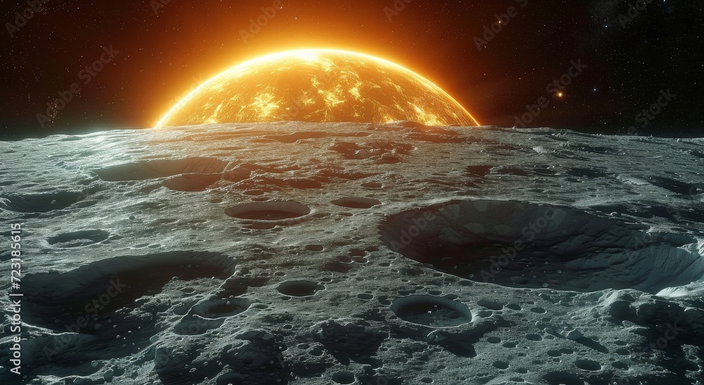 Fototapeta premium Amidst the vast expanse of outer space, a planet with snowy terrain is illuminated by a radiant sun and a distant moon, showcasing the beauty and wonder of our universe