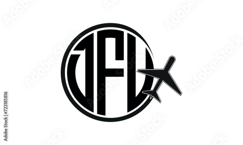 DFU three initial letter circle tour & travel agency logo design vector template. hajj Umrah agency, abstract, wordmark, business, monogram, minimalist, brand, company, flat, tourism agency, tourist