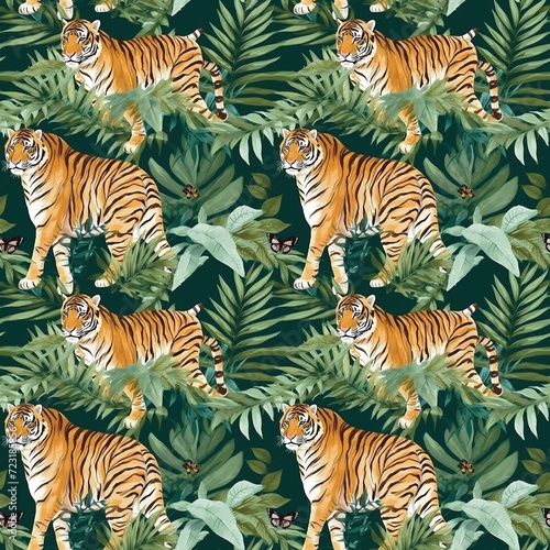 zebra pattern Bengal tiger running around  dry forest leaves  dry banana leaves  dry flowers  dry forest  watercolor  fabric pattern  local pattern  seamless  swag. Wallpaper Tiger pattern fabric 