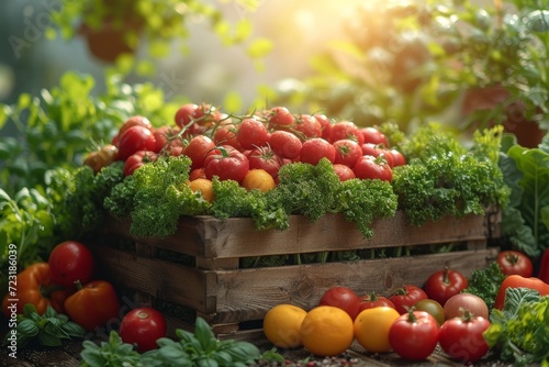 Nature's bounty overflowing from a humble wooden box - a vibrant array of plant-based superfoods, bursting with nutrition and bursting with flavor, sourced from the local greengrocer's garden photo