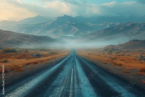 A solitary road winds through a barren desert landscape, surrounded by towering mountains and shrouded in a thick fog, hinting at the harsh yet captivating nature of the highland terrain